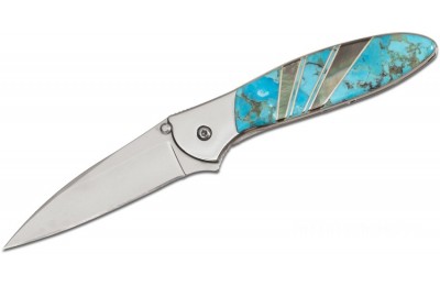 Kershaw 1660JS66P Ken Onion Leek by Santa Fe Stoneworks Assisted Flipper Knife 3" Plain Blade, Stainless Steel Handles, Turquoise and Mother of Pearl Onlays for Sale