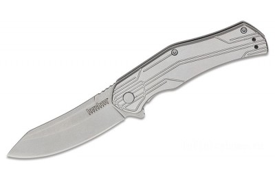 Kershaw 1380 Husker Assisted Flipper Knife 3" Stonewashed Reverse Tanto Blade, Stainless Steel Handles for Sale