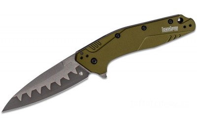 Kershaw 1812OLCB Dividend Assisted Flipper Knife 3" N690 and D2 Composite Bead Blasted Plain Blade, Olive Aluminum Handles for Sale