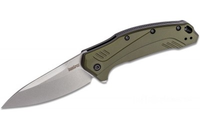 Kershaw 1776OLSW Link Assisted Flipper Knife 3.25" CPM-20CV Stonewashed Plain Blade, Olive Aluminum Handles for Sale