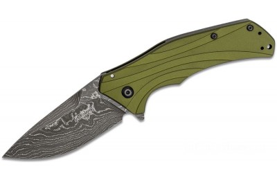 Kershaw 1870OLDAM Knockout Assisted Flipper Knife 3.25" Damascus Blade, Olive Drab Aluminum Handles for Sale